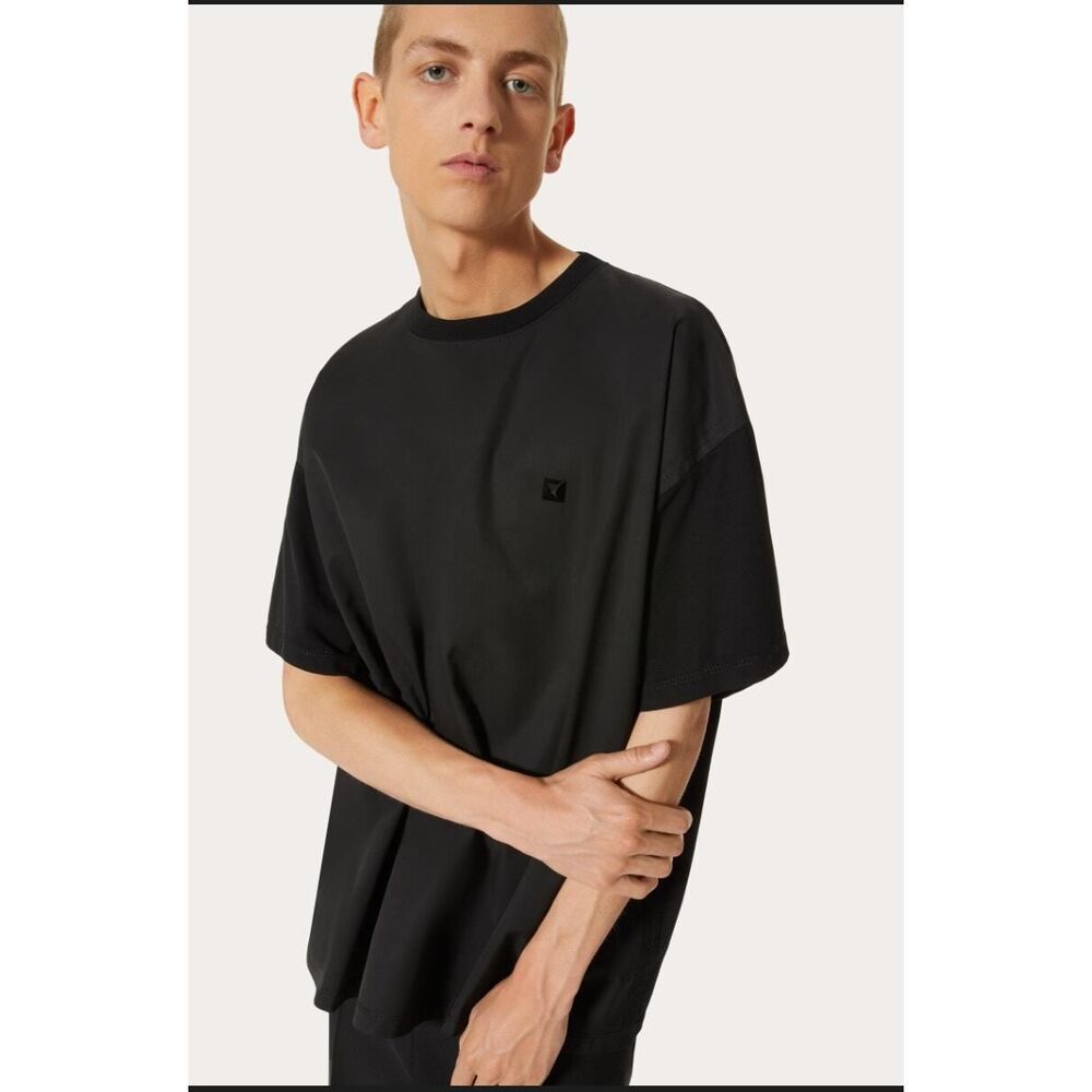 Valentino CREWNECK COTTON T-SHIRT WITH NYLON PANEL AND STUD DETAIL Size Small